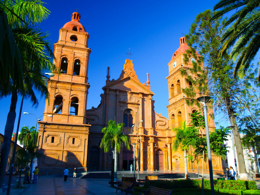 red brick cathedral on main square, santa cruz de la sierra, bolivia